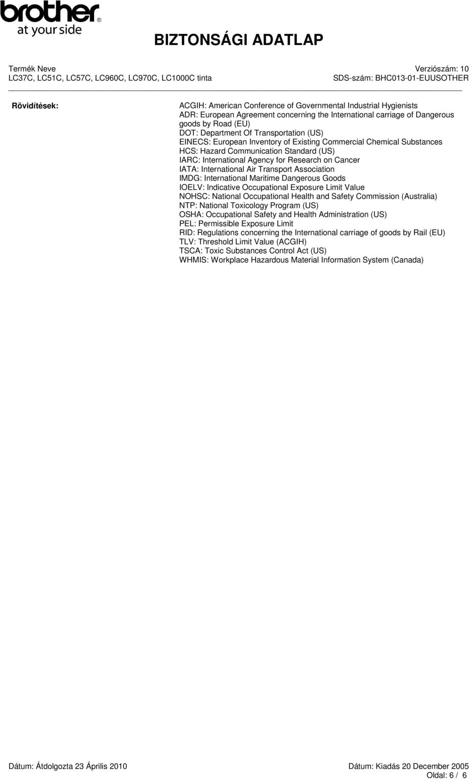 Air Transport Association IMDG: International Maritime Dangerous Goods IOELV: Indicative Occupational Exposure Limit Value NOHSC: National Occupational Health and Safety Commission (Australia) NTP: