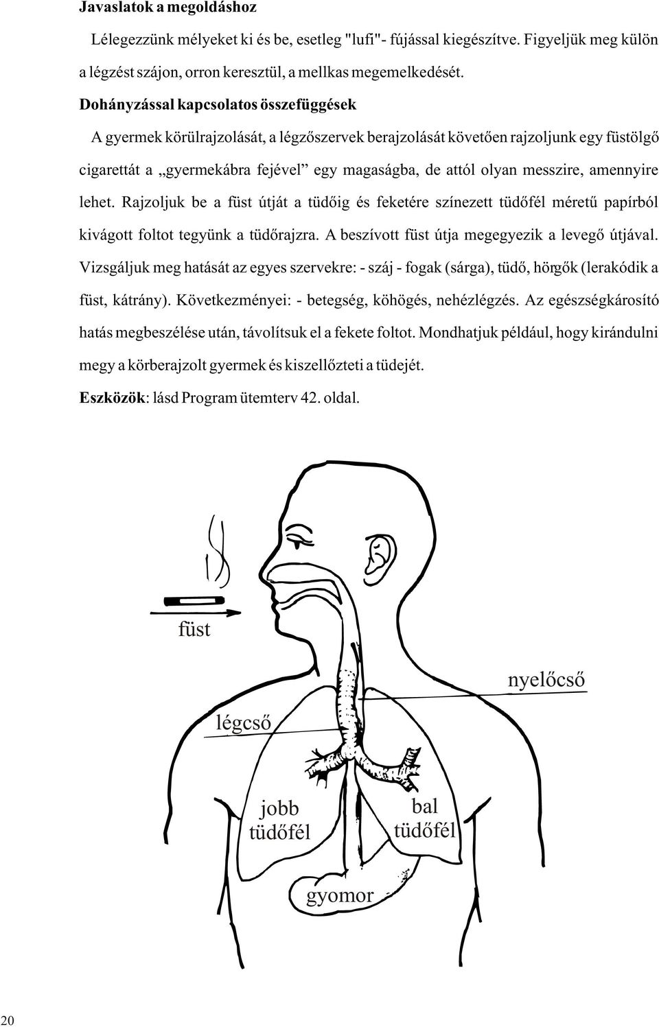 Rajzoljuk be a füst útját a tüdõig és feketére színezett tüdõfél méretû papírból kivágott foltot tegyünk a tüdõrajzra. A beszívott füst útja megegyezik a levegõ útjával.