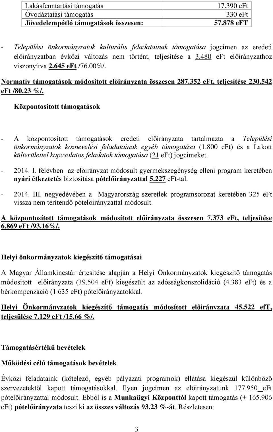 00%/. Normatív támogatások módosított előirányzata összesen 287.352 eft, teljesítése 230.542 eft /80.23 %/.