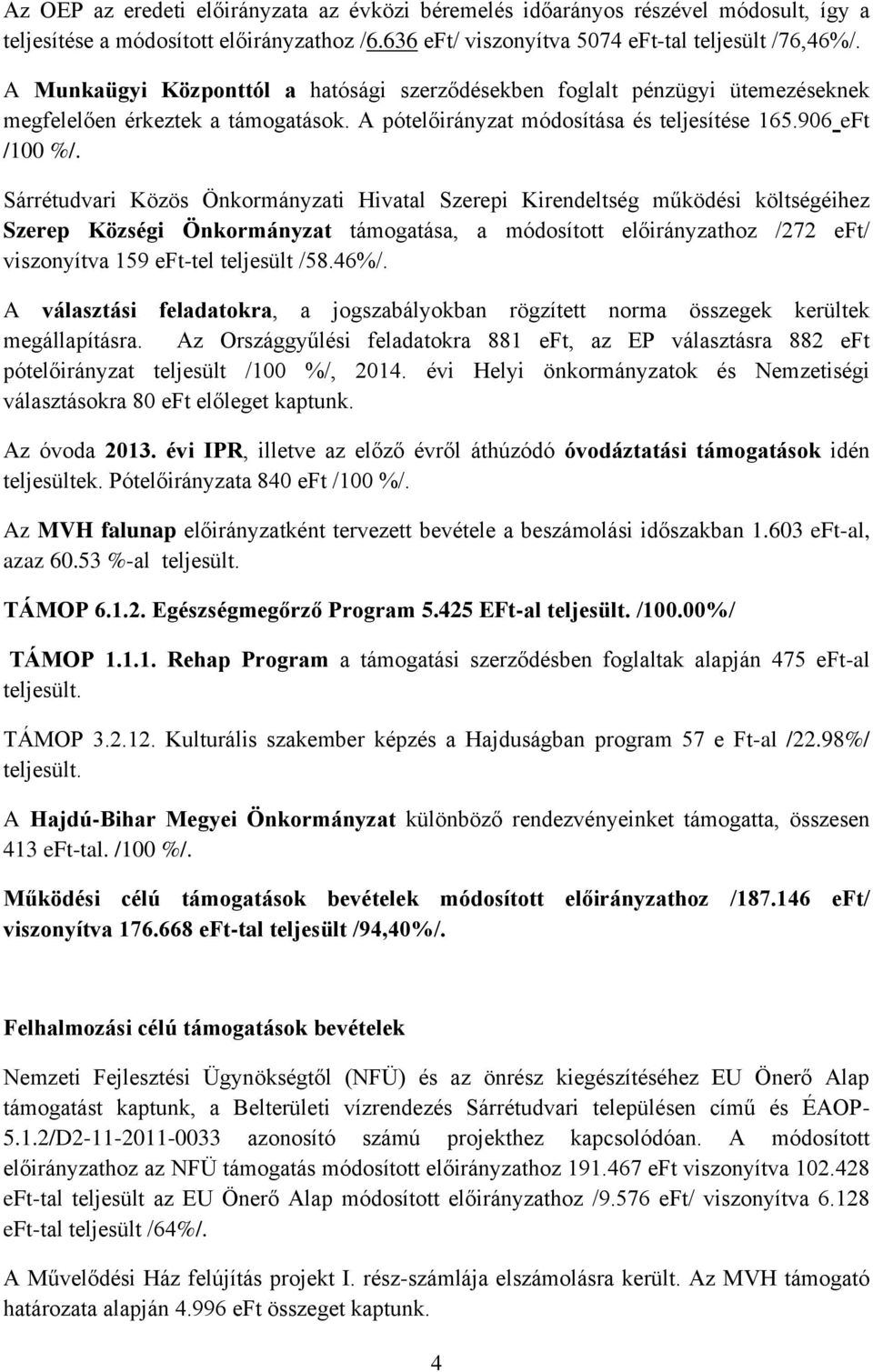 Sárrétudvari Közös Önkormányzati Hivatal Szerepi Kirendeltség működési költségéihez Szerep Községi Önkormányzat támogatása, a módosított előirányzathoz /272 eft/ viszonyítva 159 eft-tel teljesült /58.