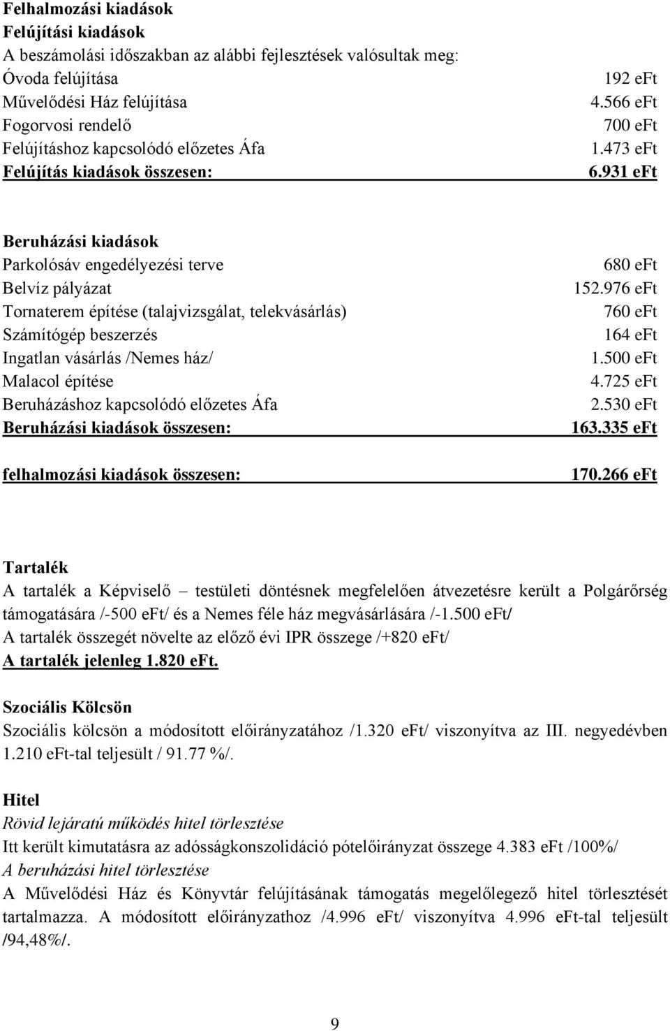 931 eft Beruházási kiadások Parkolósáv engedélyezési terve Belvíz pályázat Tornaterem építése (talajvizsgálat, telekvásárlás) Számítógép beszerzés Ingatlan vásárlás /Nemes ház/ Malacol építése