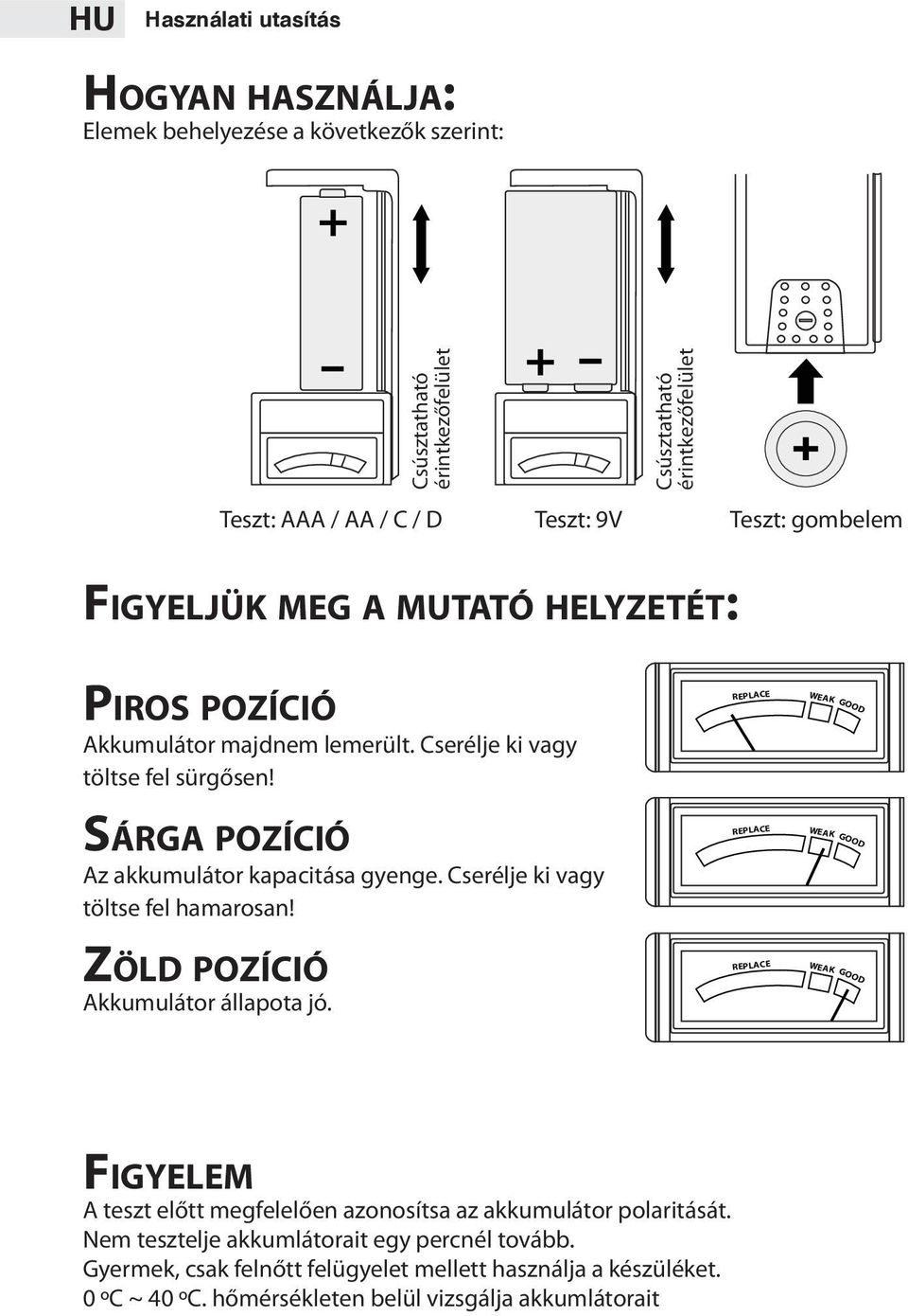 Sárga pozíció Az akkumulátor kapacitása gyenge. Cserélje ki vagy töltse fel hamarosan! Zöld pozíció Akkumulátor állapota jó.