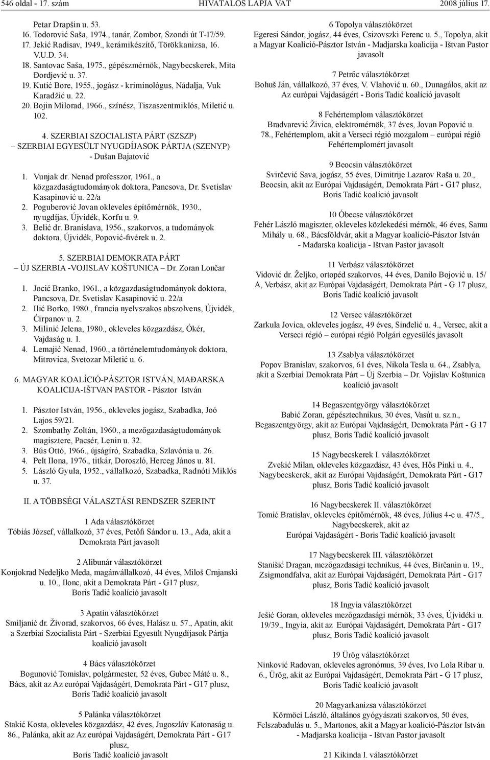 , színész, Tiszaszentmiklós, Miletić u. 102. 4. SZERBIAI SZOCIALISTA PÁRT (SZSZP) SZERBIAI EGYESÜLT NYUGDÍJASOK PÁRTJA (SZENYP) - Dušan Bajatović 1. Vunjak dr. Nenad professzor, 1961.