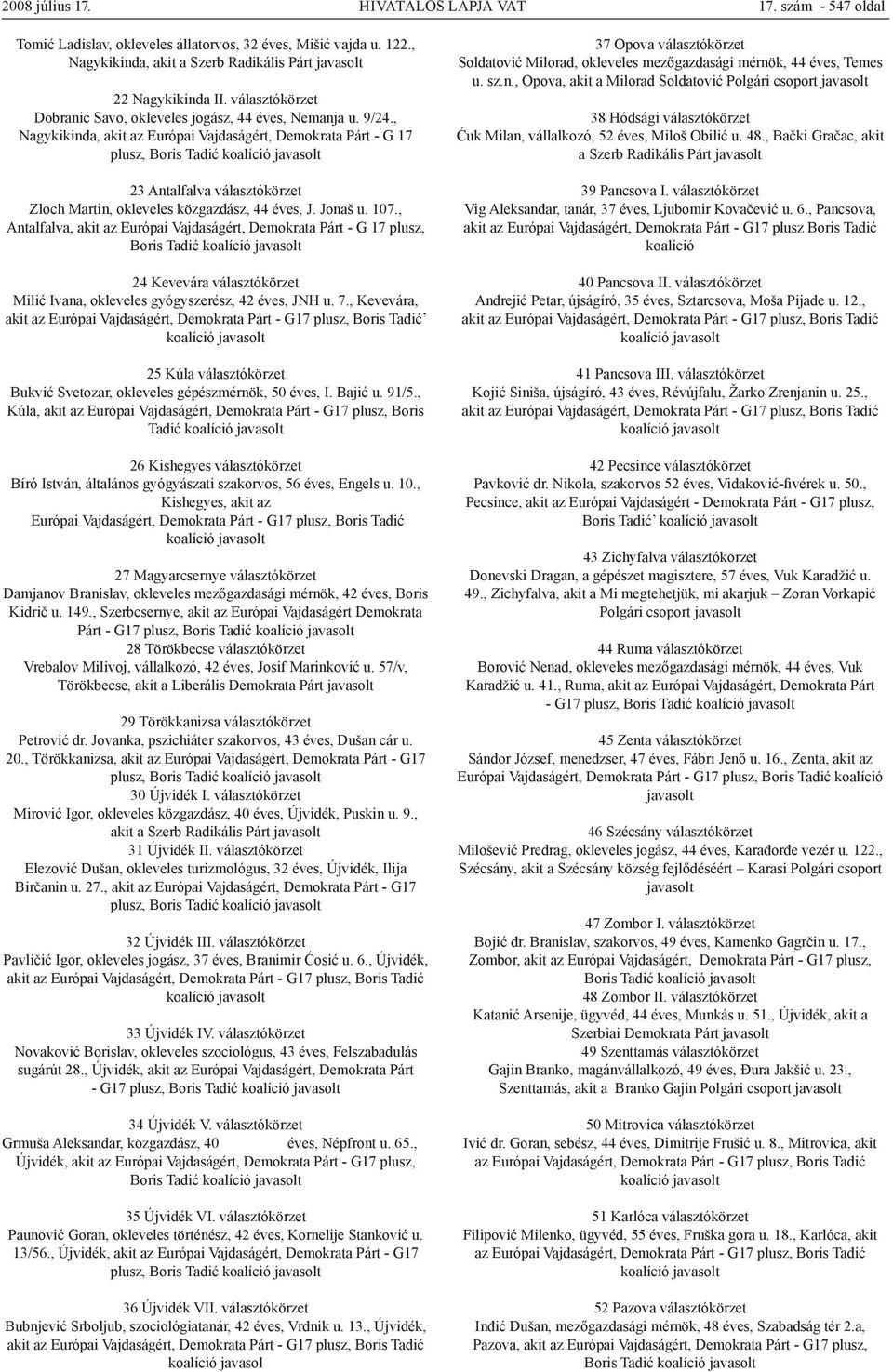 , Nagykikinda, akit az Európai Vajdaságért, Demokrata Párt - G 17 plusz, 23 Antalfalva választókörzet Zloch Martin, okleveles közgazdász, 44 éves, J. Jonaš u. 107.