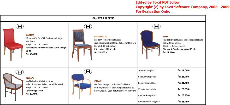 - ELISA Hajlított bükk favázas szék, kárpitozott ülő és hát felületekkel. Kárpit: I.-III. kat. szövet Pác: natúr 30 db, mahagóni 13 db Ár: 22.490.- I. szövetkategória: Ár: 21.000.