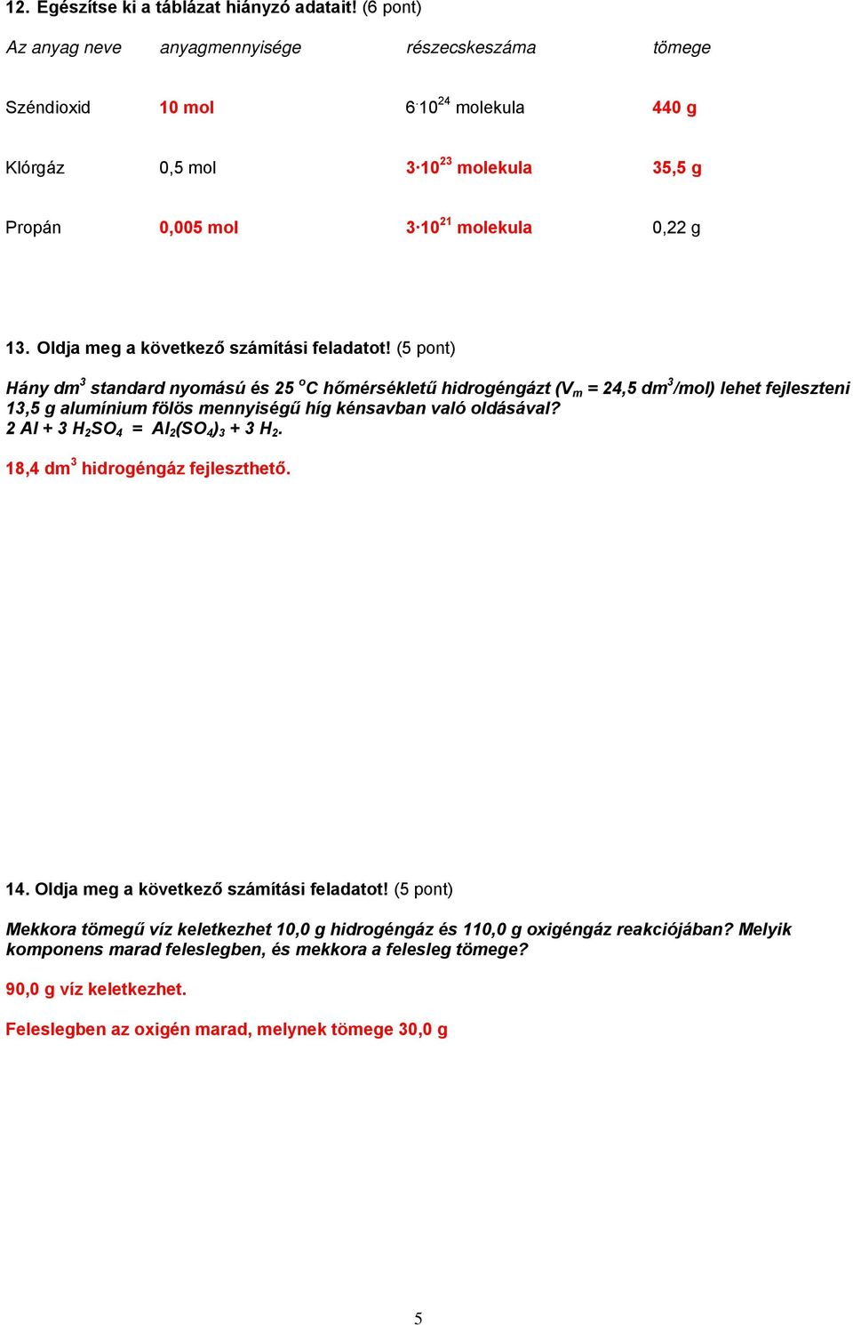 (5 pont) ány dm 3 standard nyomású és 25 o C hőmérsékletű hidrogéngázt (V m = 24,5 dm 3 /mol) lehet fejleszteni 13,5 g alumínium fölös mennyiségű híg kénsavban való oldásával?