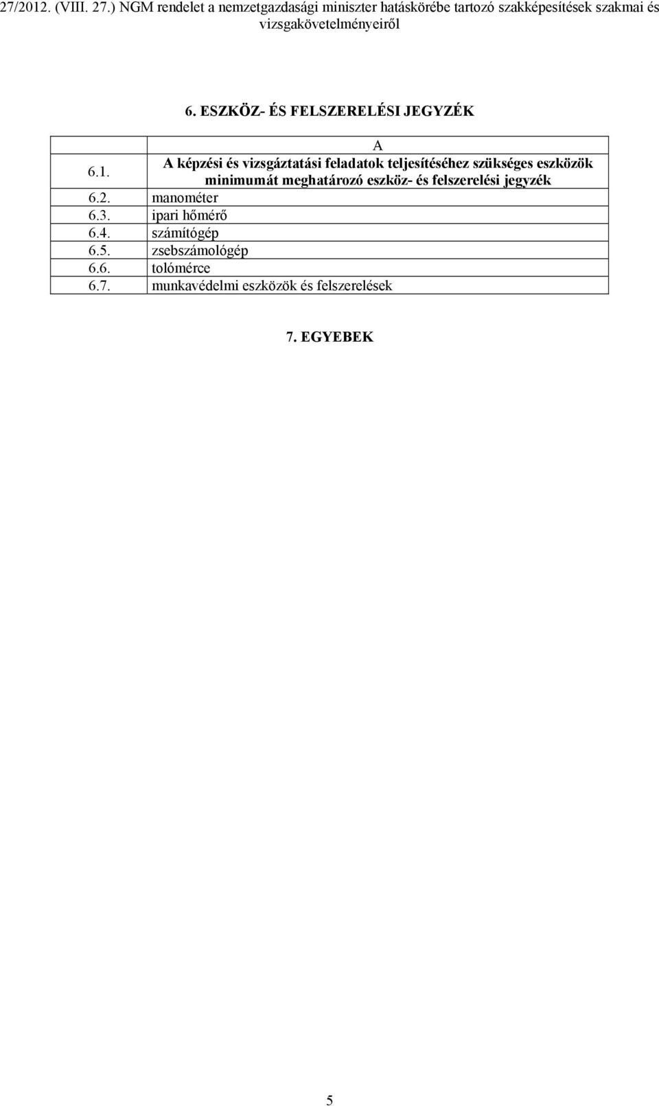 minimumát meghatározó eszköz- és felszerelési jegyzék 6.2. manométer 6.3.