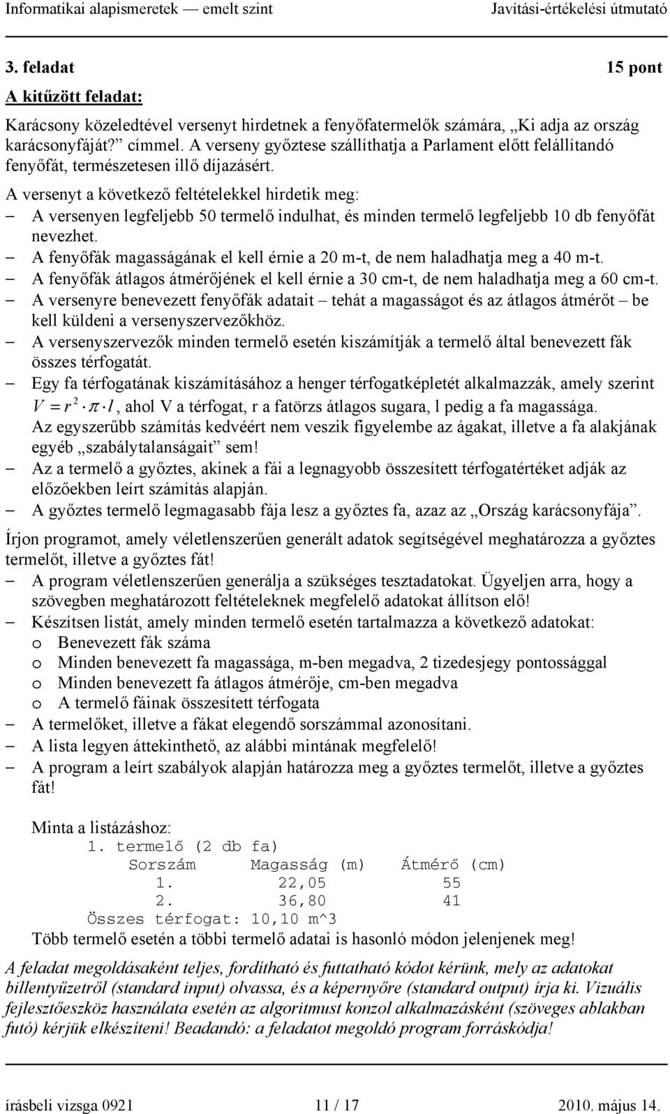 A versenyt a következő feltételekkel hirdetik meg: A versenyen legfeljebb 50 termelő indulhat, és minden termelő legfeljebb 10 db fenyőfát nevezhet.