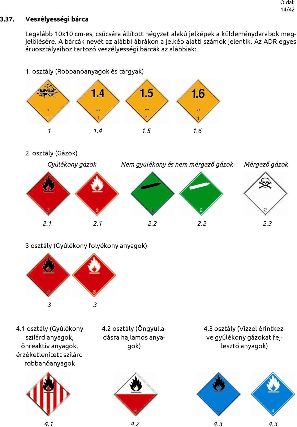 osztály (Robbanóanyagok és tárgyak) 1 1.4 1.5 1.6 2. osztály (Gázok) Gyúlékony gázok Nem gyúlékony és nem mérgező gázok Mérgező gázok 2.1 2.1 2.2 2.