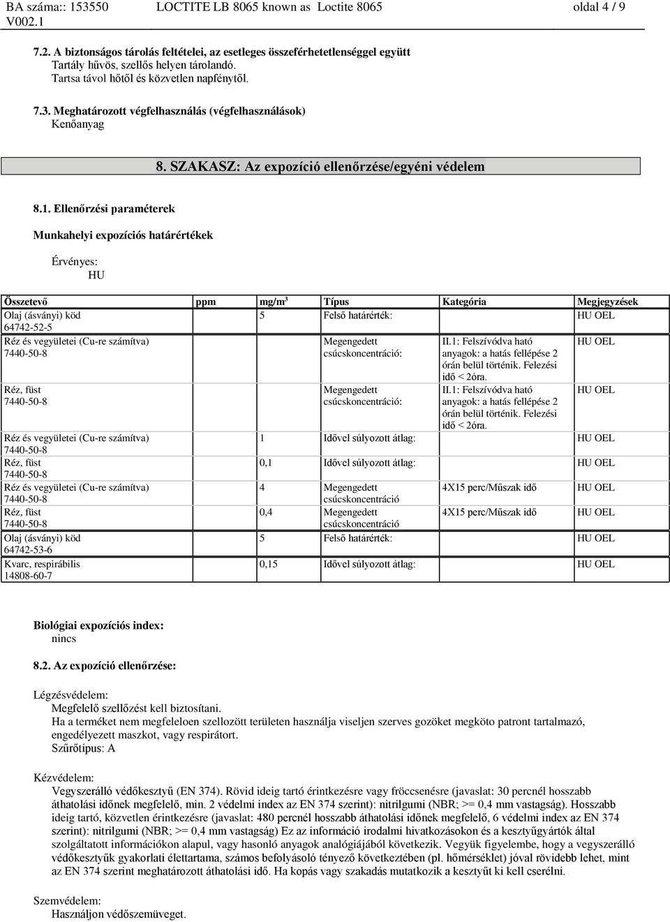 Ellenőrzési paraméterek Munkahelyi expozíciós határértékek Érvényes: HU Összetevő ppm mg/m 3 Típus Kategória Megjegyzések Olaj (ásványi) köd 5 Felső határérték: HU OEL 64742-52-5 Réz és vegyületei