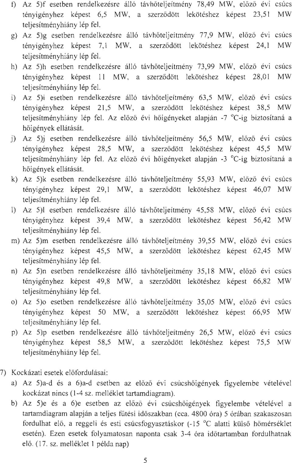 h) Az 5)h esetben rendelkezésre álló távhőteljeítmény 73,99 MW, előző évi csúcs tényigényhez képest II MW, a szerződött lekötéshez képest 28,0 l MW teljesítményhiány lép fel.