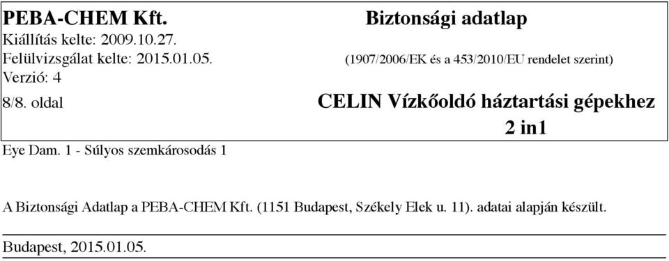 1 - Súlyos szemkárosodás 1 A Biztonsági Adatlap a