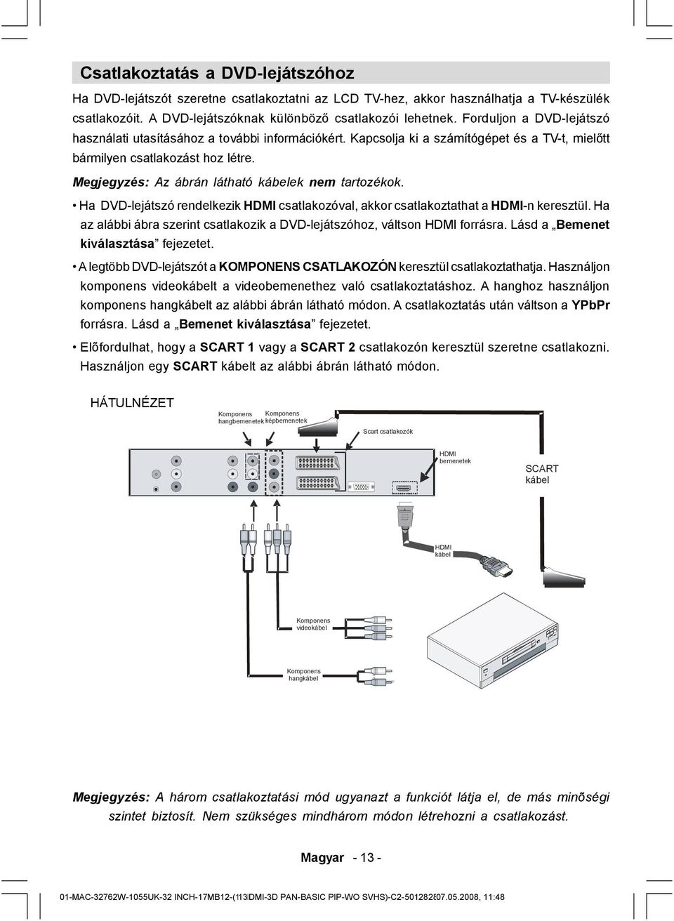 Megjegyzés: Az ábrán látható kábelek nem tartozékok. Ha DVD-lejátszó rendelkezik HDMI csatlakozóval, akkor csatlakoztathat a HDMI-n keresztül.