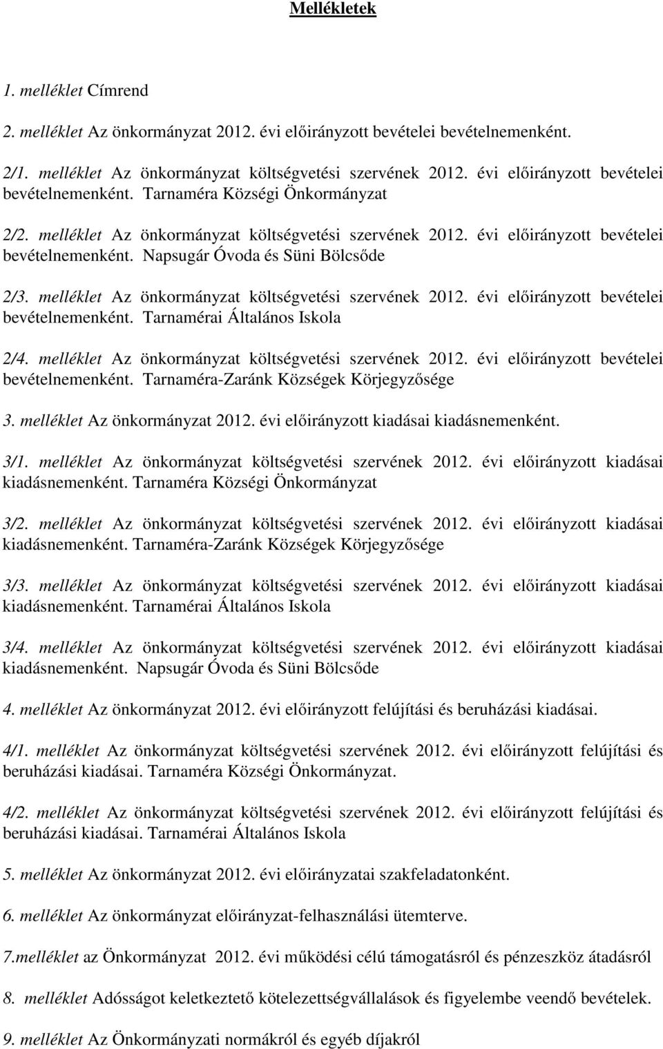 Napsugár Óvoda és Süni Bölcsőde 2/3. melléklet Az önkormányzat költségvetési szervének 2012. évi előirányzott bevételei bevételnemenként. Tarnamérai Általános Iskola 2/4.