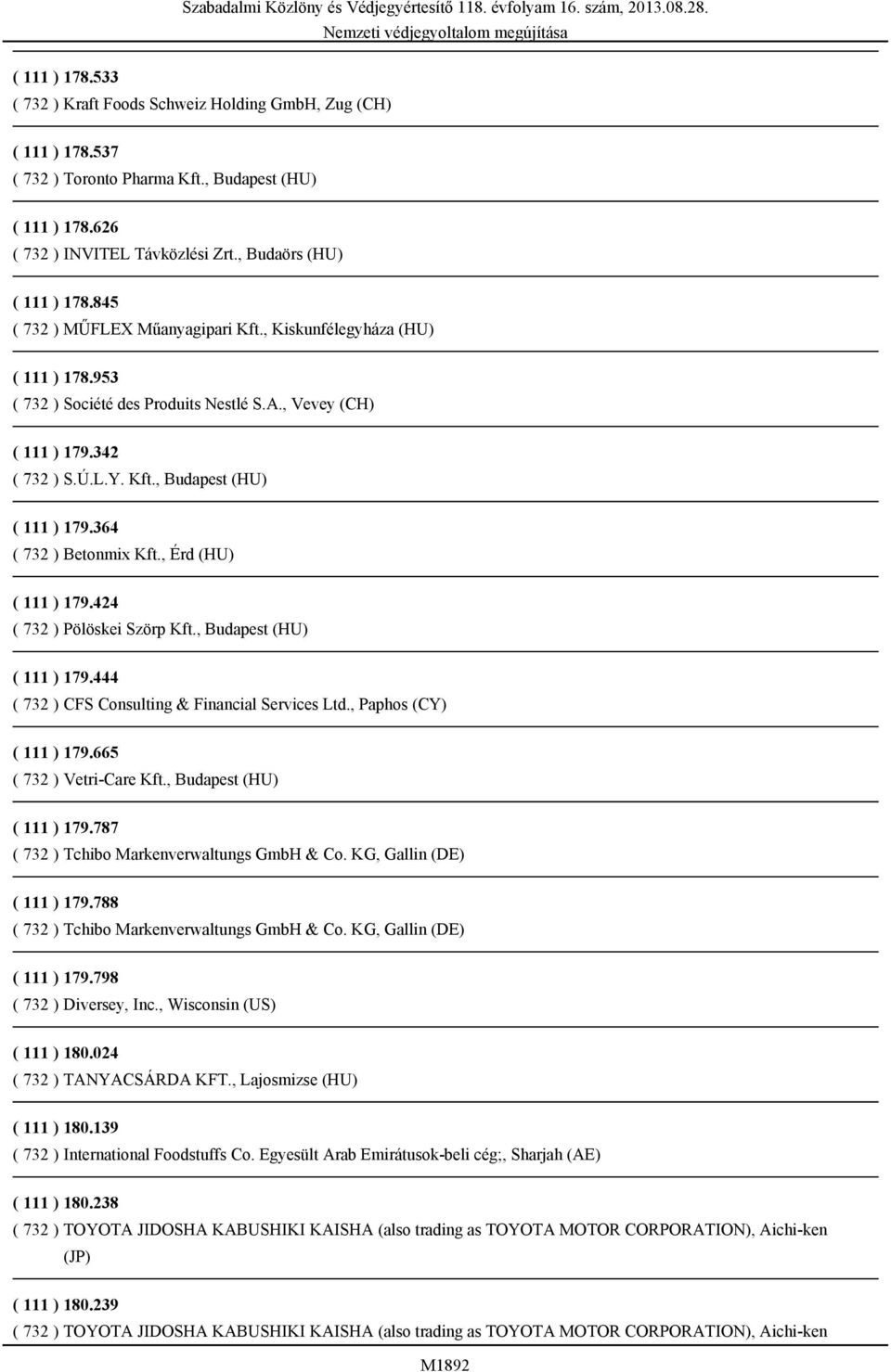 364 ( 732 ) Betonmix Kft., Érd (HU) ( 111 ) 179.424 ( 732 ) Pölöskei Szörp Kft., Budapest (HU) ( 111 ) 179.444 ( 732 ) CFS Consulting & Financial Services Ltd., Paphos (CY) ( 111 ) 179.