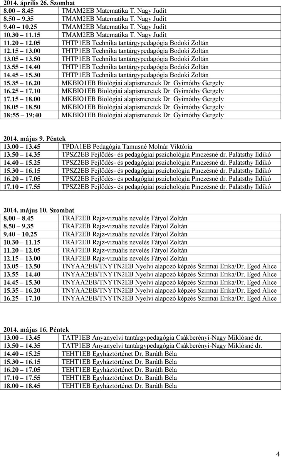 20 MKBIO1EB Biológiai alapismeretek Dr. Gyimóthy Gergely 2014. május 9. Péntek 13.00 13.45 TPDA1EB Pedagógia Tamusné Molnár Viktória 13.50 14.