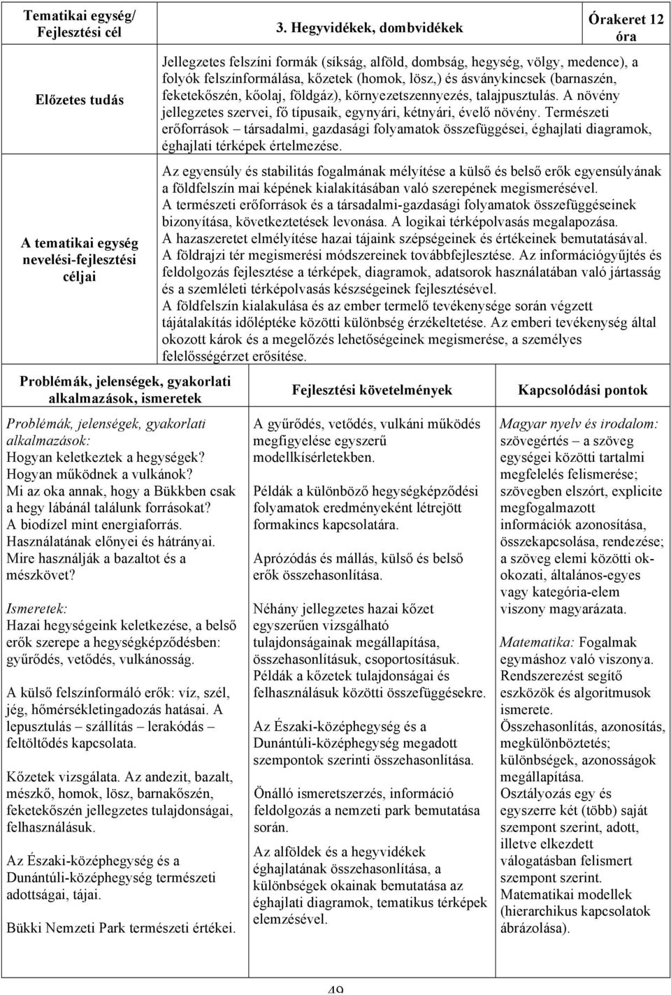 Ismeretek: Hazai hegységeink keletkezése, a belső erők szerepe a hegységképződésben: gyűrődés, vetődés, vulkánosság. A külső felszínformáló erők: víz, szél, jég, hőmérsékletingadozás hatásai.