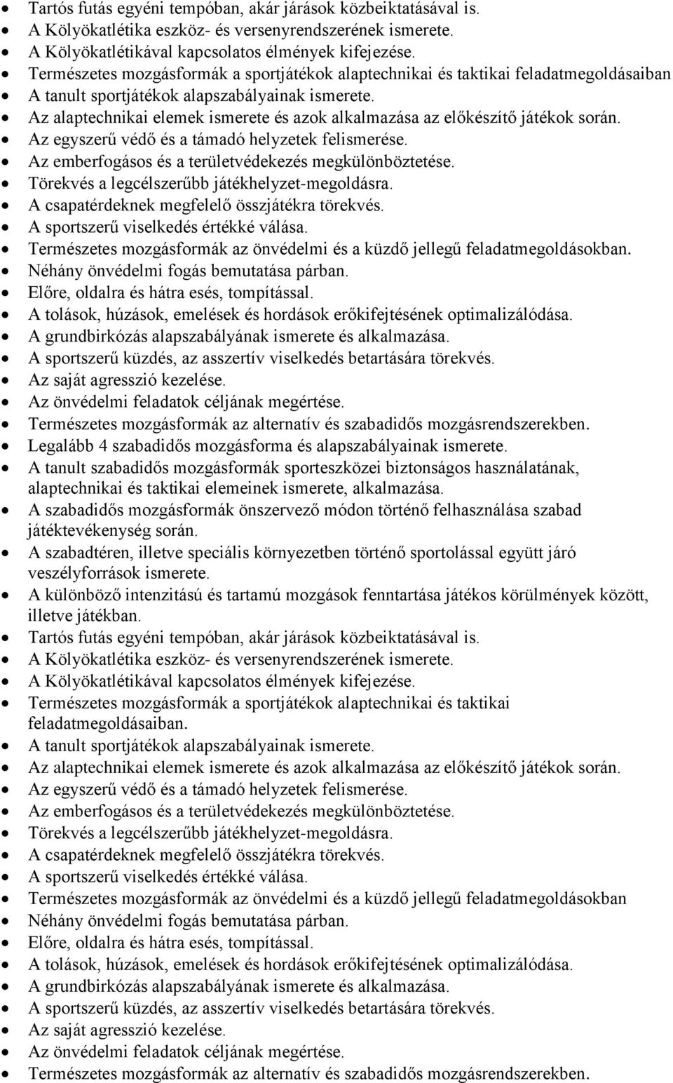 Az alaptechnikai elemek ismerete és azok alkalmazása az előkészítő játékok során. Az egyszerű védő és a támadó helyzetek felismerése. Az emberfogásos és a területvédekezés megkülönböztetése.