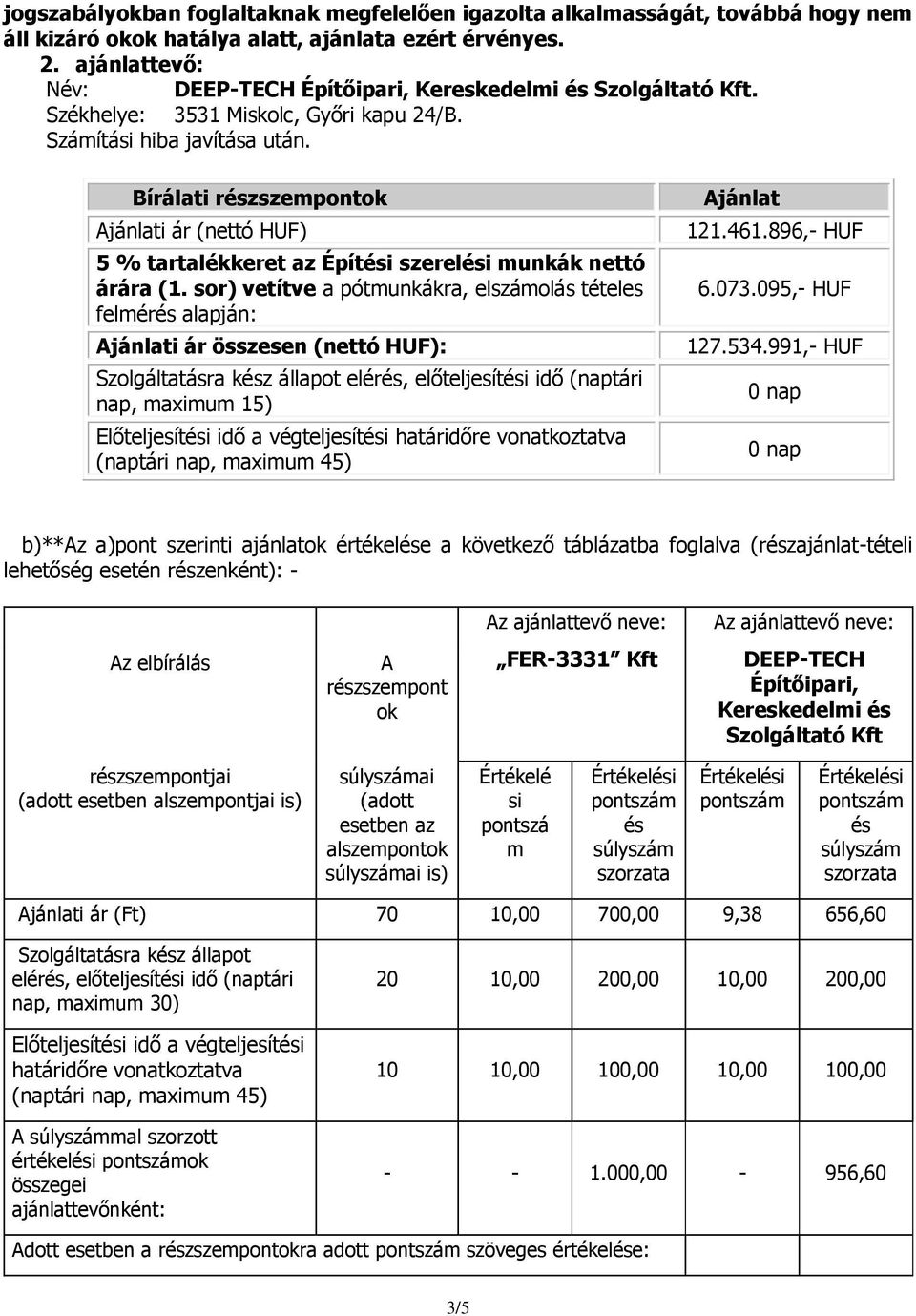 Bírálati részszempontok Ajánlati ár (nettó HUF) 5 % tartalékkeret az Építési szerelési munkák nettó árára (1.