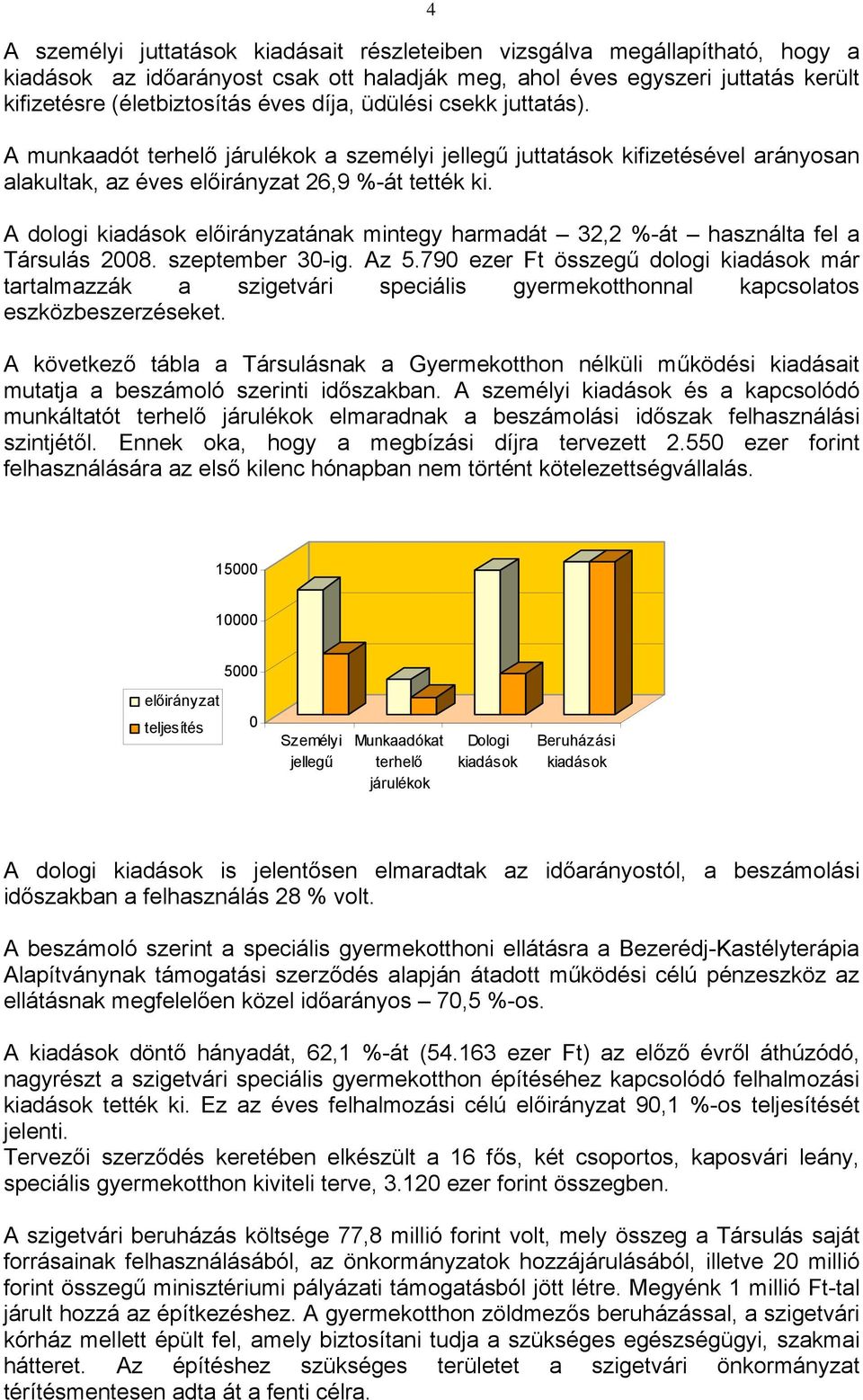 A dologi kiadások előirányzatának mintegy harmadát 32,2 %-át használta fel a Társulás 2008. szeptember 30-ig. Az 5.