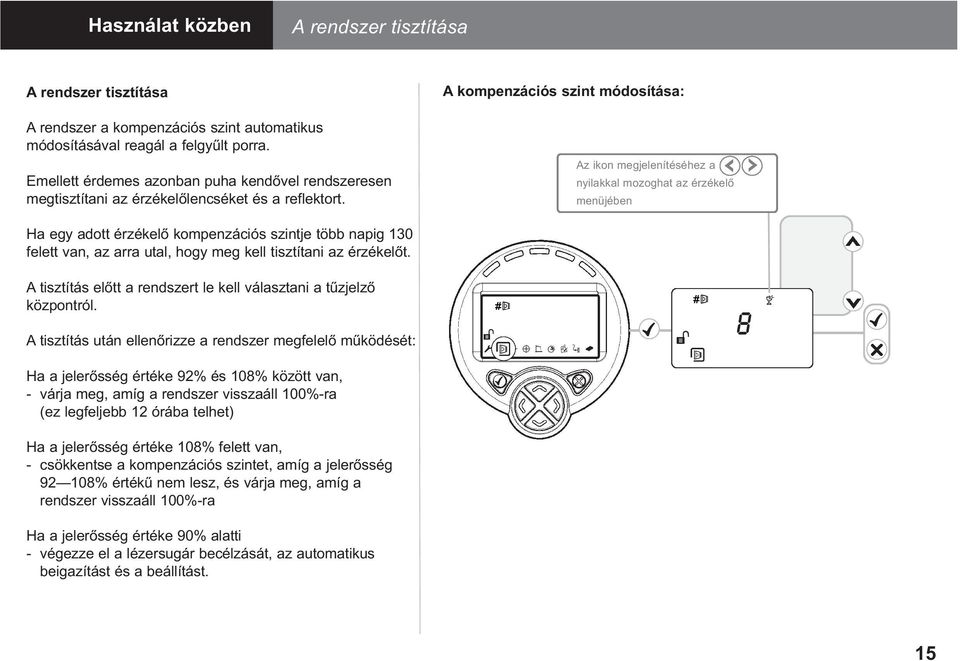 Az ikon megjelenítéséhez a nyilakkal mozoghat az érzékelő menüjében Ha egy adott érzékelő kompenzációs szintje több napig 130 felett van, az arra utal, hogy meg kell tisztítani az érzékelőt.