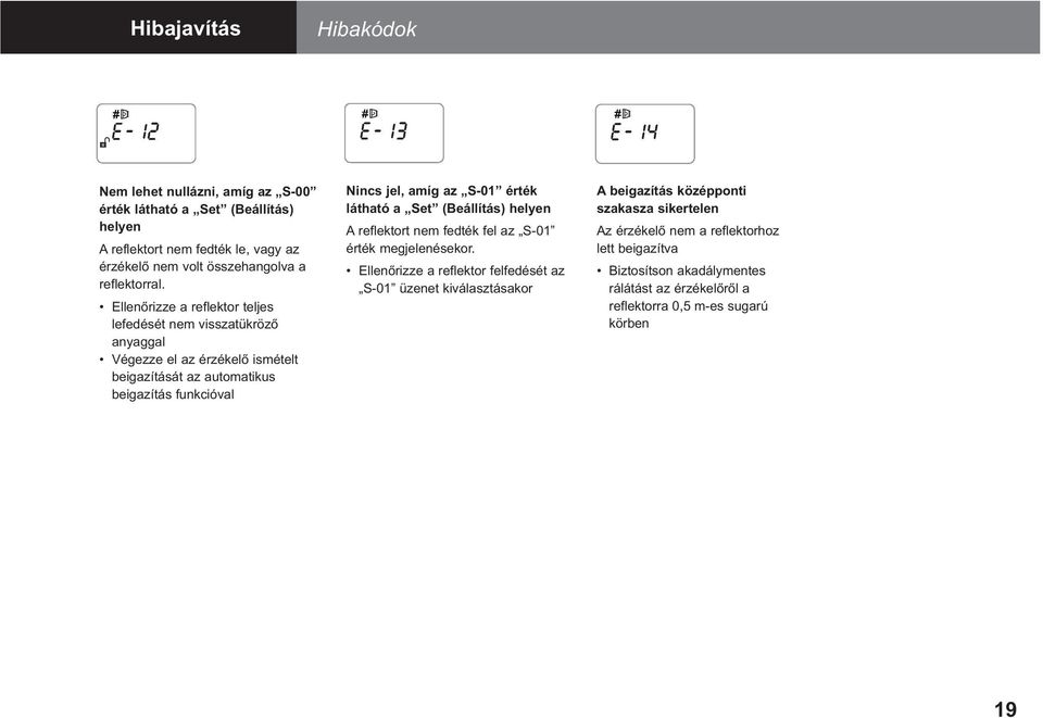 Ellenőrizze a reflektor teljes lefedését nem visszatükröző anyaggal Végezze el az érzékelő ismételt beigazítását az automatikus beigazítás funkcióval Nincs jel, amíg az S-01