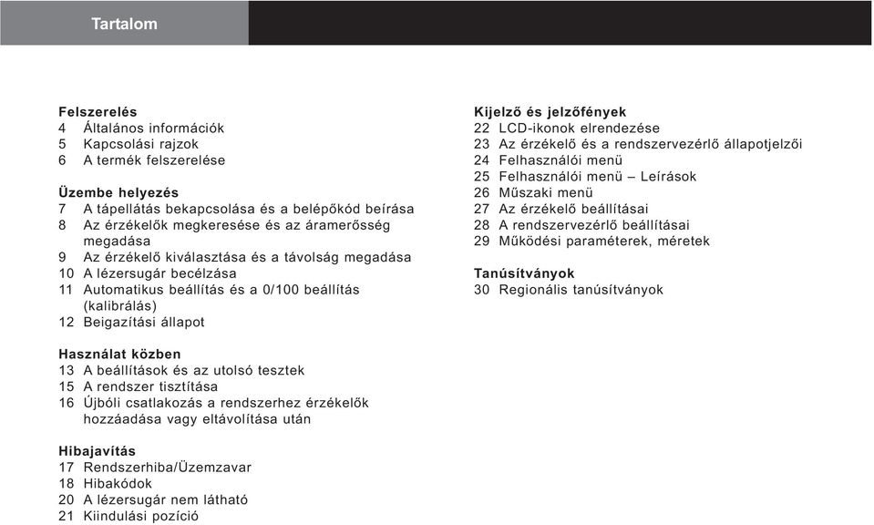 jelzőfények 22 LCD-ikonok elrendezése 23 Az érzékelő és a rendszervezérlő állapotjelzői 24 Felhasználói menü 25 Felhasználói menü Leírások 26 Műszaki menü 27 Az érzékelő beállításai 28 A