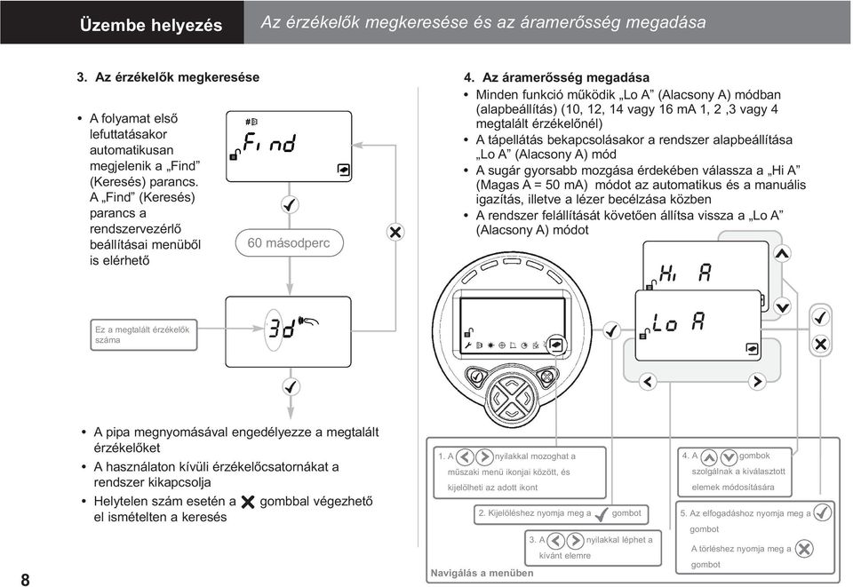 Az áramerősség megadása Minden funkció működik Lo A (Alacsony A) módban (alapbeállítás) (10, 12, 14 vagy 16 ma 1, 2,3 vagy 4 megtalált érzékelőnél) A tápellátás bekapcsolásakor a rendszer