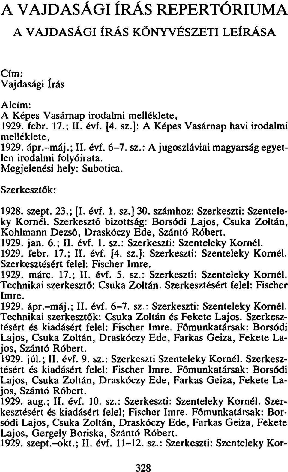 évf. 1. sz.] 30. számhoz: Szerkeszti: Szenteleky Kornél. Szerkesztő bizottság: Borsodi Lajos, Csuka Zoltán, Kohlmann Dezső, Draskóczy Ede, Szántó Róbert. 1929. jan. 6.; II. évf. 1. sz.: Szerkeszti: Szenteleky Kornél. 1929. febr.