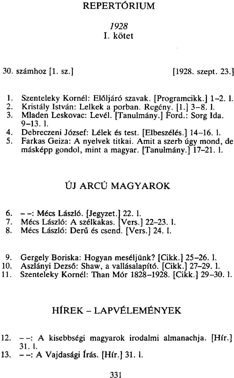 [Tanulmány.] 17 21. 1. ÚJ ARCÚ MAGYAROK 6. - -: Mécs László. [Jegyzet.] 22. 1. 7. Mécs László: A szélkakas. [Vers.] 22-23. I. 8. Mécs László: Derű és csend. [Vers.] 24. 1. 9.