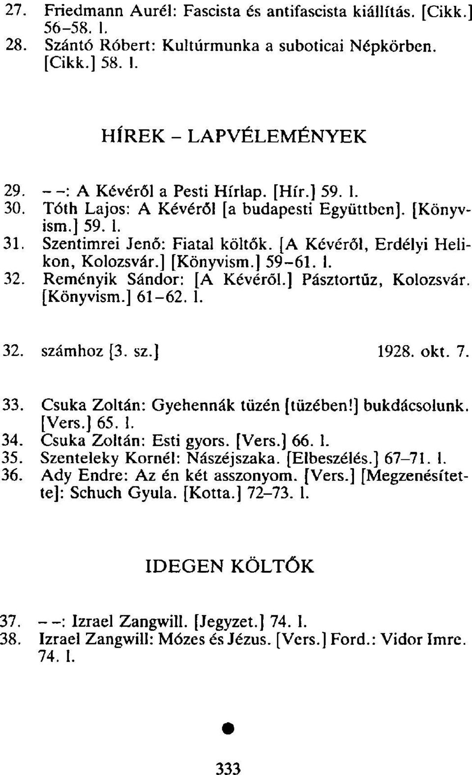 Reményik Sándor: [A Kévéről.] Pásztortűz, Kolozsvár. [Könyvism.] 61-62. 1. 32. számhoz [3. sz.] 1928. okt. 7. 33. Csuka Zoltán: Gyehennák tüzén [tüzében!] bukdácsolunk. [Vers.] 65. 1. 34.