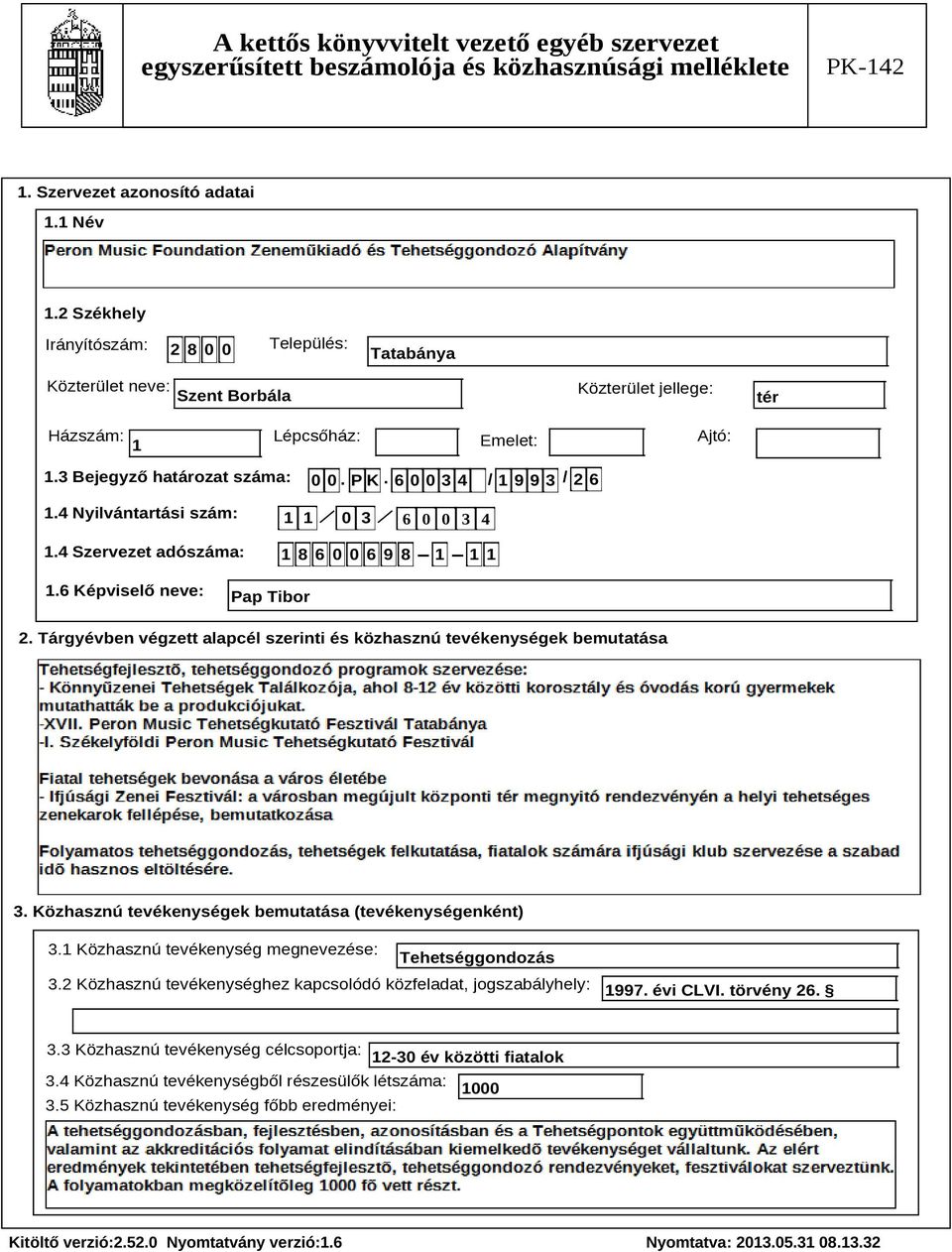 Tárgyévben végzett alapcél szerinti és közhasznú tevékenységek bemutatása Szöveg 3. Közhasznú tevékenységek bemutatása (tevékenységenként) 3.1 Közhasznú tevékenység megnevezése: Tehetséggondozás 3.