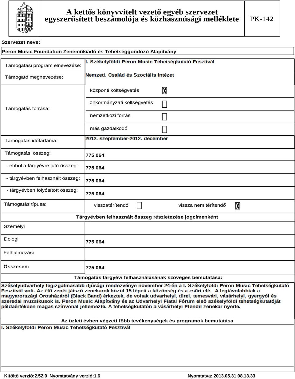 visszatérítendő vissza nem térítendő Tárgyévben felhasznált összeg részletezése jogcímenként Személyi Dologi Felhalmozási Összesen: Támogatás tárgyévi