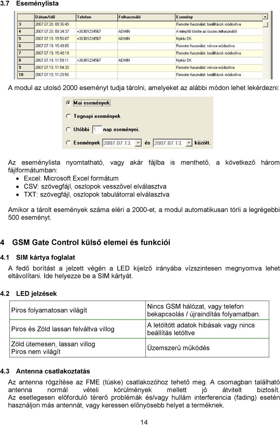 modul automatikusan törli a legrégebbi 500 eseményt. 4 GSM Gate Control külső elemei és funkciói 4.