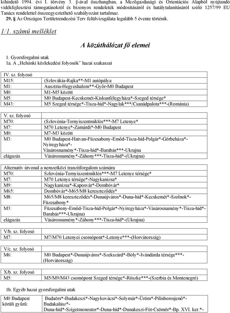 összeegyeztethetı szabályozást tartalmaz. 29. Az Országos Területrendezési Terv felülvizsgálata legalább 5 évente történik. 1/1. számú melléklet 1. Gyorsforgalmi utak 1a.