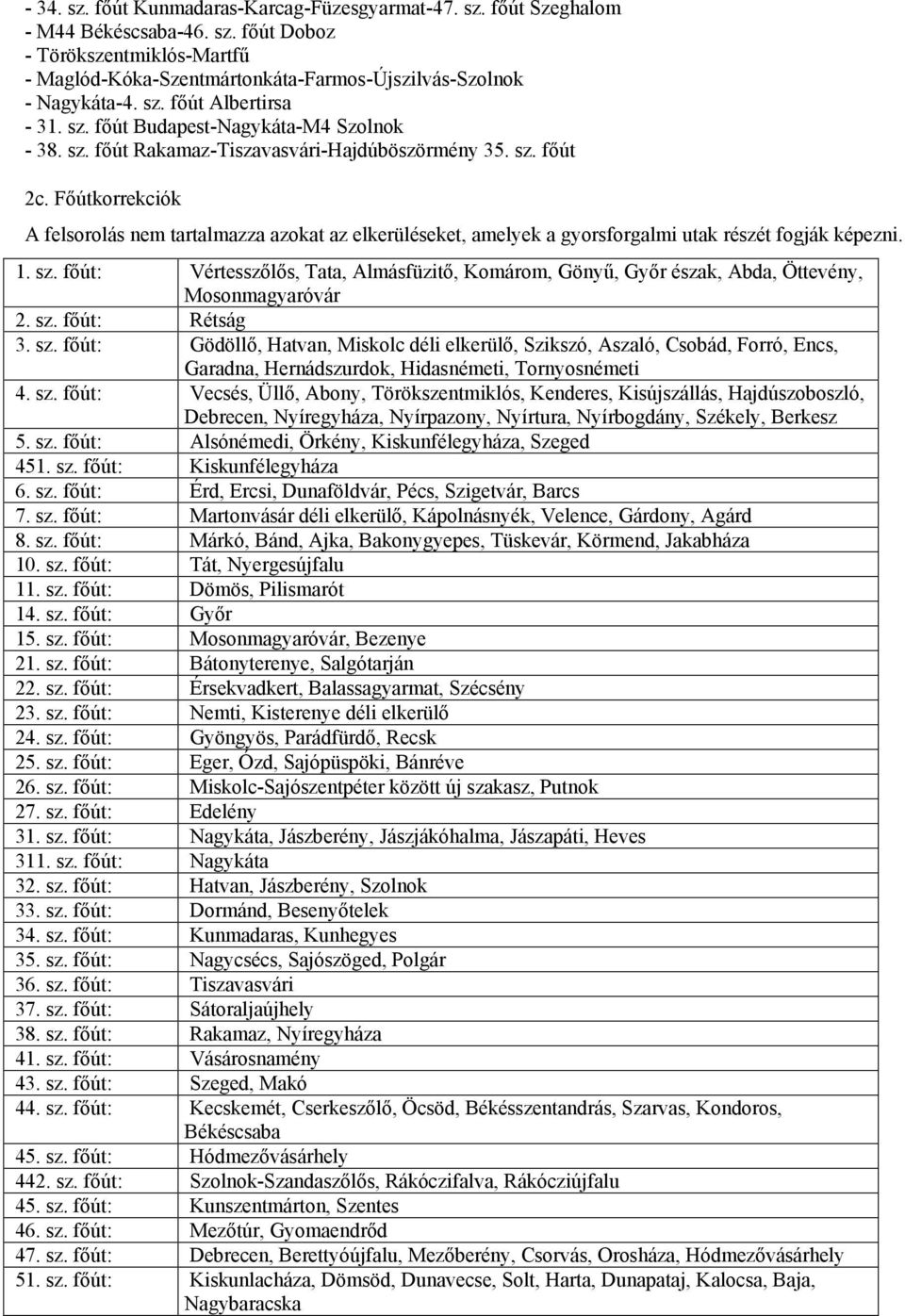 Fıútkorrekciók A felsorolás nem tartalmazza azokat az elkerüléseket, amelyek a gyorsforgalmi utak részét fogják képezni. 1. sz.