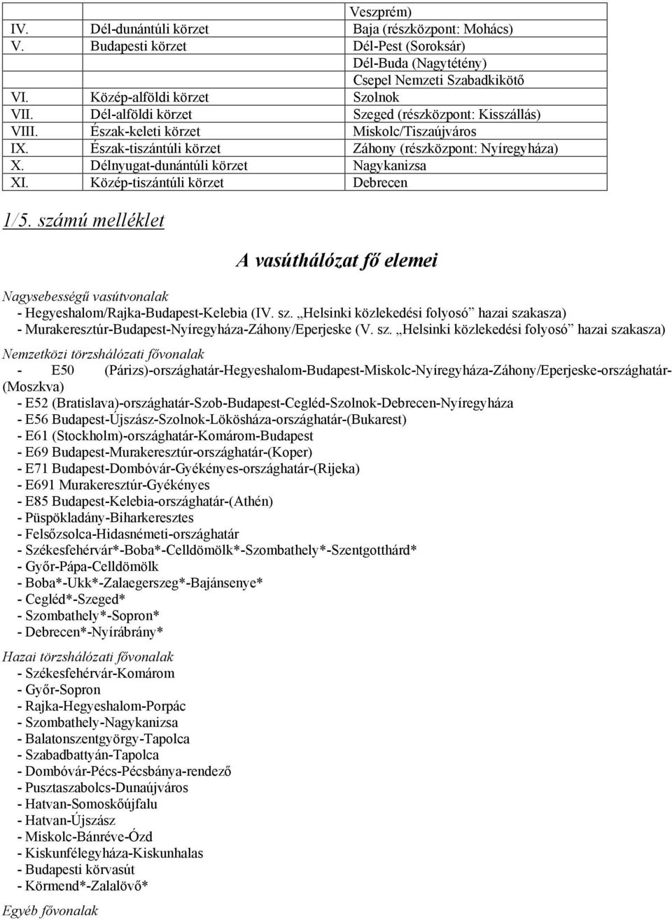 Délnyugat-dunántúli körzet Nagykanizsa XI. Közép-tiszántúli körzet Debrecen 1/5. számú melléklet A vasúthálózat fı elemei Nagysebességő vasútvonalak - Hegyeshalom/Rajka-Budapest-Kelebia (IV. sz. Helsinki közlekedési folyosó hazai szakasza) - Murakeresztúr-Budapest-Nyíregyháza-Záhony/Eperjeske (V.