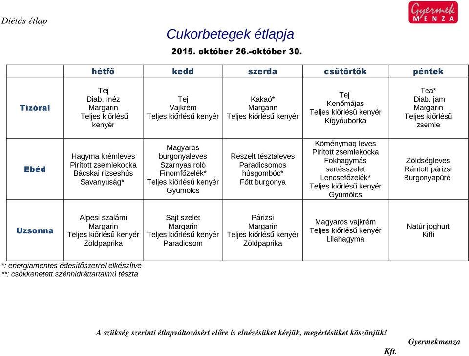 Finomfőzelék* Reszelt tésztaleves Paradicsomos húsgombóc* Főtt burgonya Köménymag leves Fokhagymás