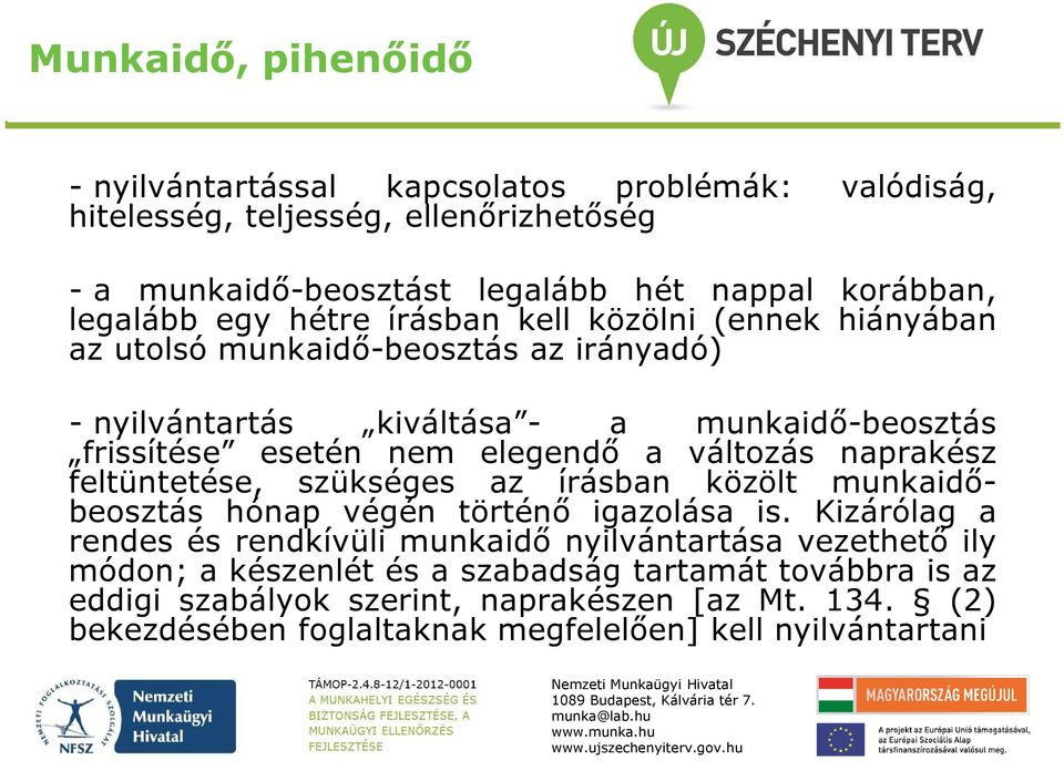 változás naprakész feltüntetése, szükséges az írásban közölt munkaidőbeosztás hónap végén történő igazolása is.