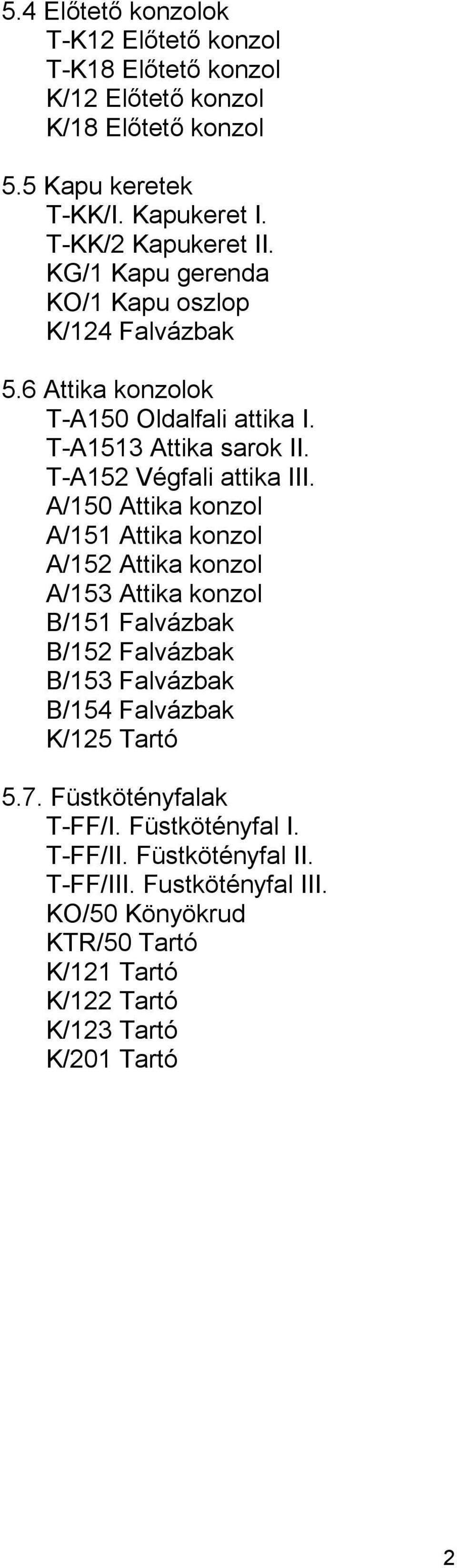 A/150 Attika konzol A/151 Attika konzol A/152 Attika konzol A/153 Attika konzol B/151 Falvázbak B/152 Falvázbak B/153 Falvázbak B/154 Falvázbak K/125 Tartó 5.7.