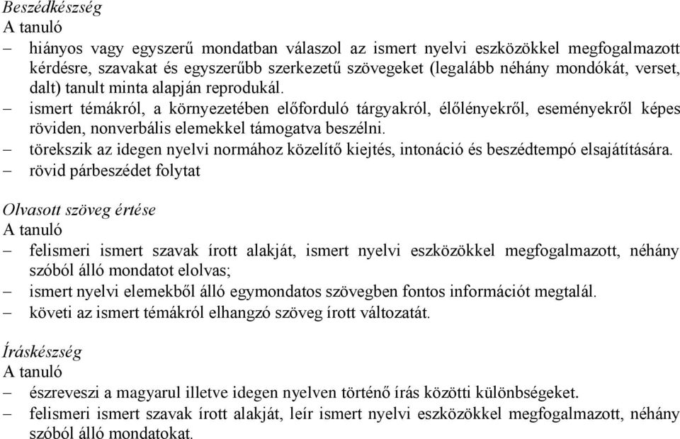 törekszik az idegen nyelvi normához közelítő kiejtés, intonáció és beszédtempó elsajátítására.