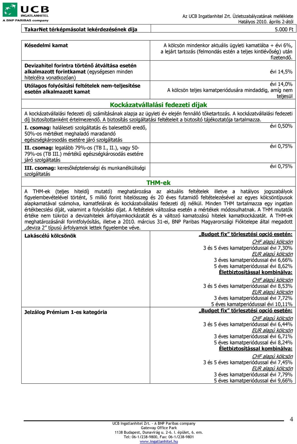 Kockázatvállalási fedezeti díjak évi 14,5% évi 14,0% A kölcsön teljes kamatperiódusára mindaddig, amíg nem teljesül A kockázatvállalási fedezeti díj számításának alapja az ügyleti év elején fennálló