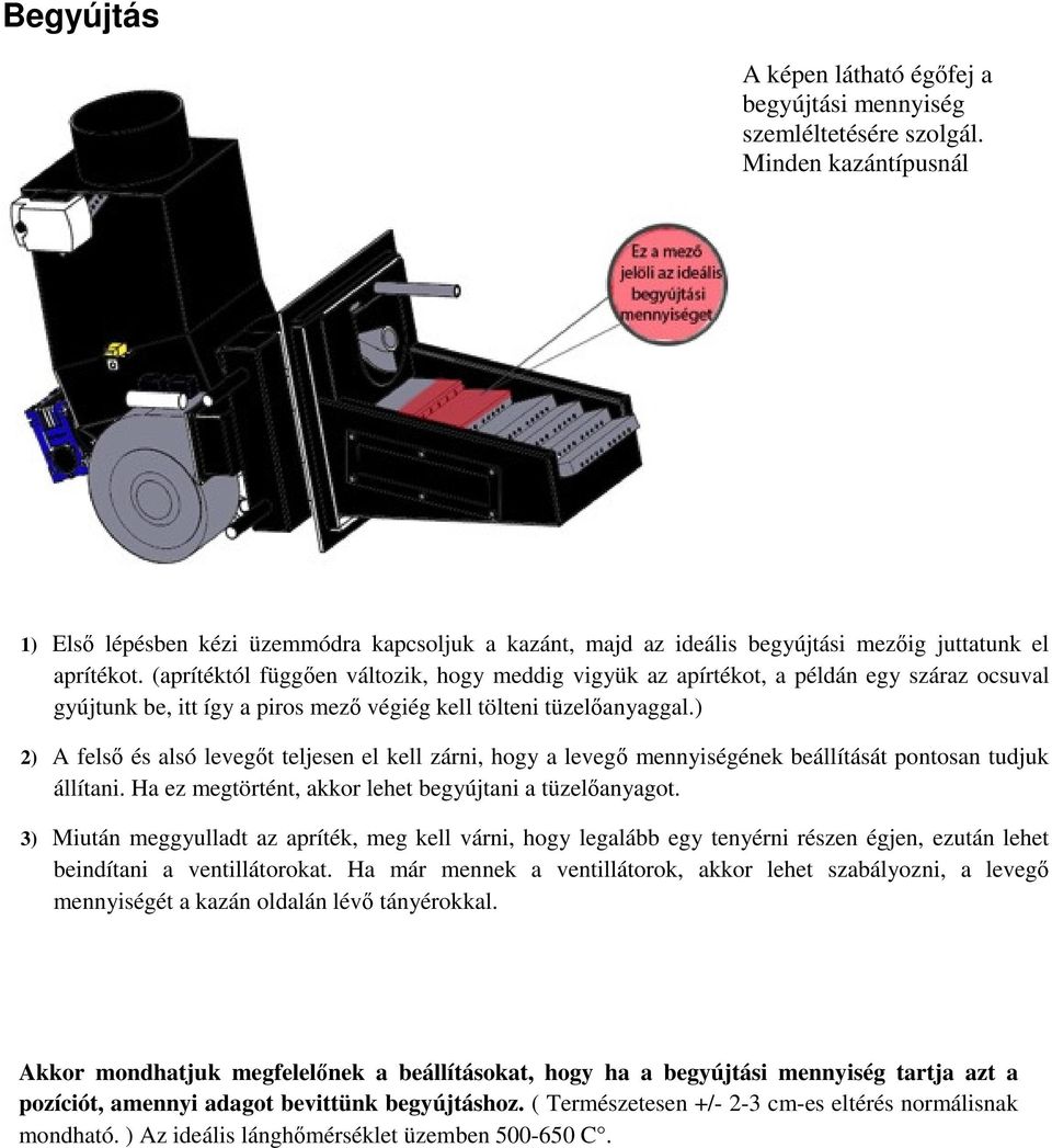 (aprítéktól függően változik, hogy meddig vigyük az apírtékot, a példán egy száraz ocsuval gyújtunk be, itt így a piros mező végiég kell tölteni tüzelőanyaggal.