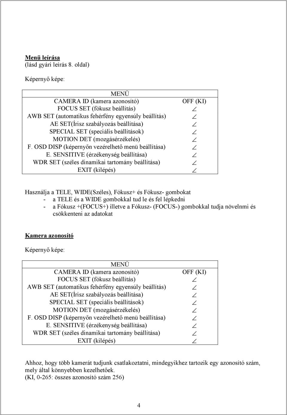 beállítások) MOTION DET (mozgásérzékelés) F. OSD DISP (képernyőn vezérelhető menü beállítása) E.