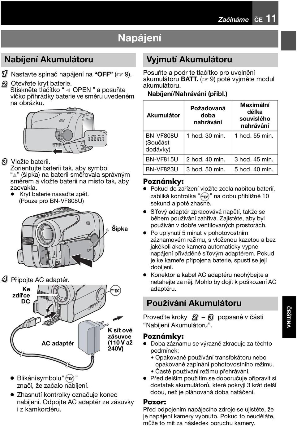 (Pouze pro BN-VF808U) 4 Připojte AC adaptér. Ke zdířce DC AV DC AC adaptér Šipka K sít ové zásuvce (110 V až 240V) Blikání symbolu značí, že začalo nabíjení.