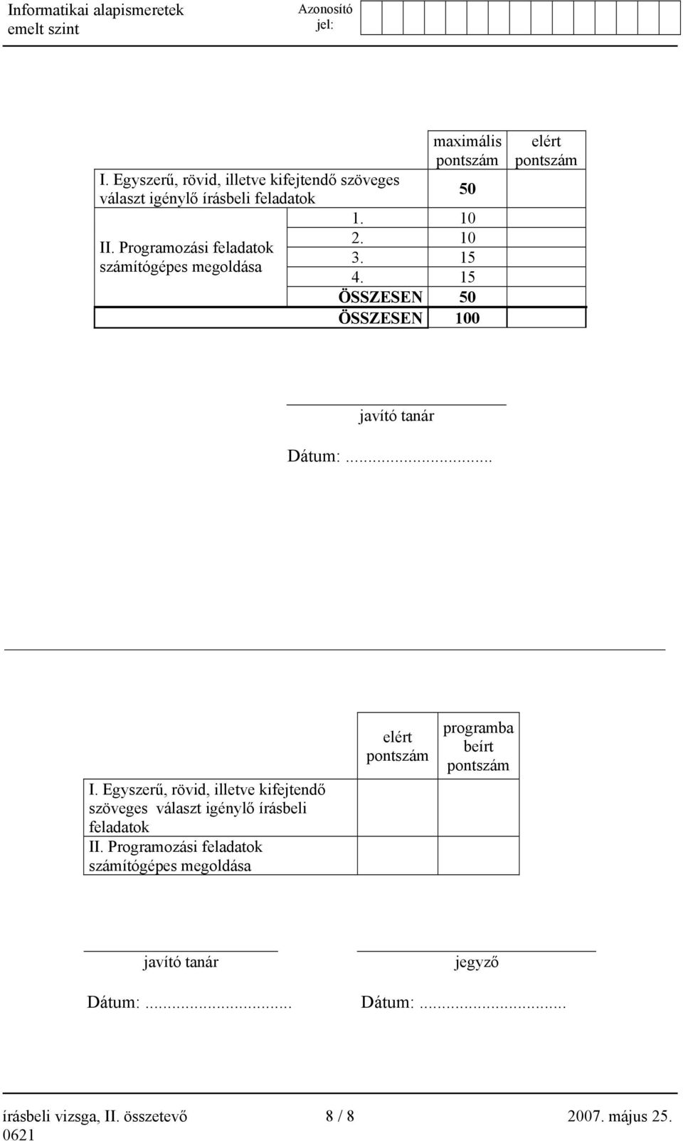 15 ÖSSZESEN 50 ÖSSZESEN 100 elért pontszám javító tanár Dátum:.