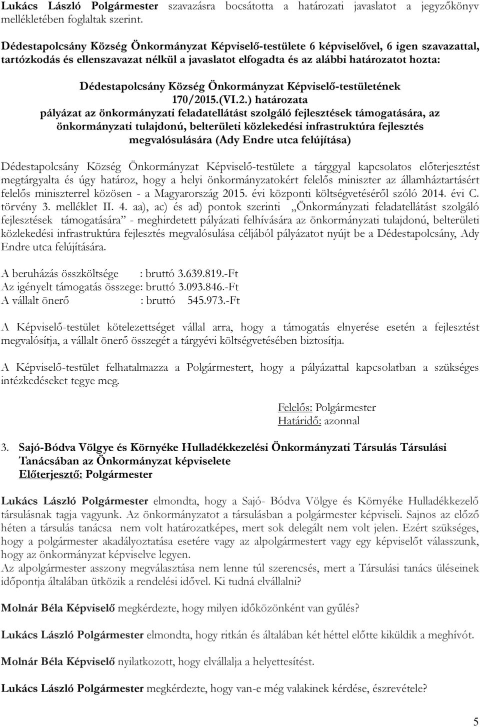 Község Önkormányzat Képviselő-testületének 170/20