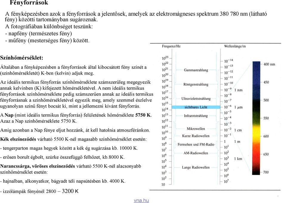 Színhőmérséklet: Általában a fényképezésben a fényforrások által kibocsátott fény színét a (színhőmérsékletét) K-ben (kelvin) adjuk meg.