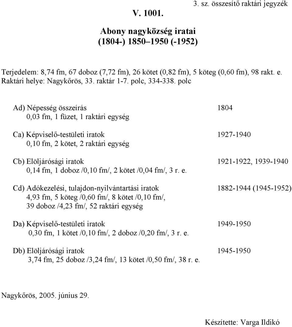 polc Ad) Népesség összeírás 1804 0,03 fm, 1 füzet, 1 raktári egység Ca) Képviselő-testületi iratok 1927-1940 0,10 fm, 2 kötet, 2 raktári egység Cb) Elöljárósági iratok 1921-1922, 1939-1940 0,14 fm, 1