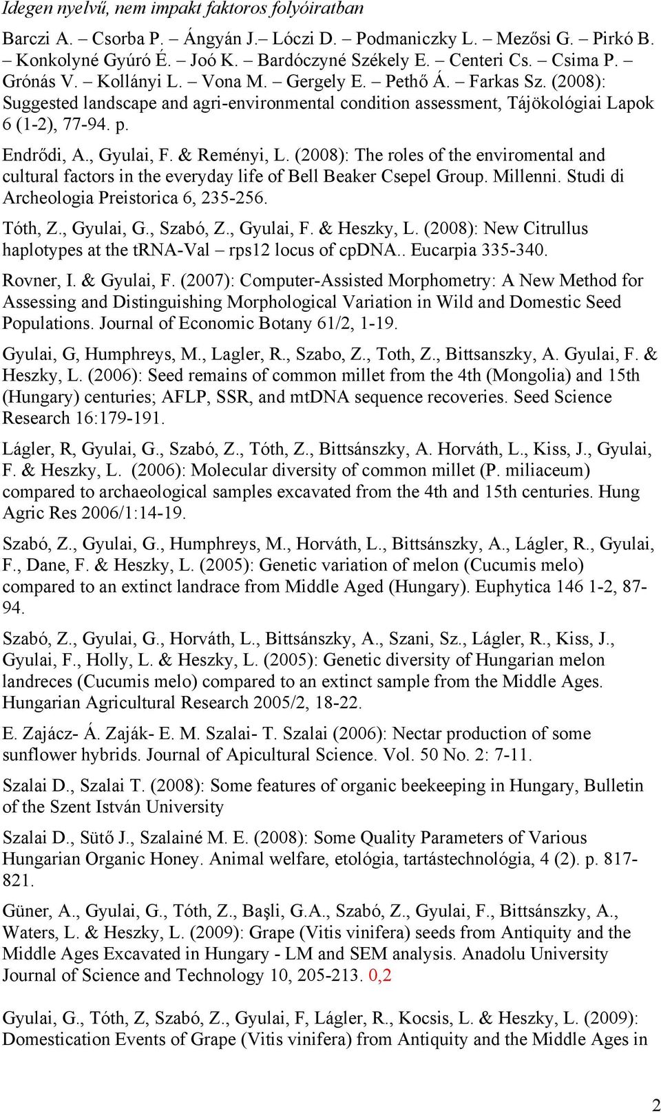 (2008): The roles of the enviromental and cultural factors in the everyday life of Bell Beaker Csepel Group. Millenni. Studi di Archeologia Preistorica 6, 235-256. Tóth, Z., Gyulai, G., Szabó, Z.